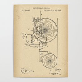 1888 Patent Velocipede Tricycle Bicycle archival history invention Poster