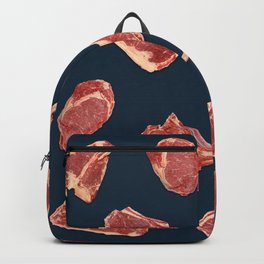 Pattern of fresh beef steaks over blue Backpack