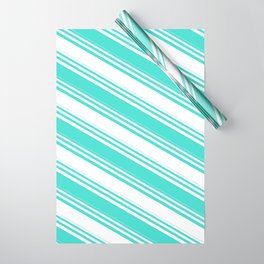 [ Thumbnail: White and Turquoise Colored Lined/Striped Pattern Wrapping Paper ]