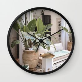 Tropical Plant Leaves In Marrakech Photo | Green Color Travel Photography Morocco Art Print | Boho Riad Interior Design Wall Clock