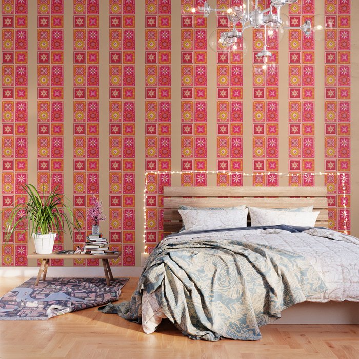 Talavera Mexican Tile Hot Pink Orange Palette Wallpaper
