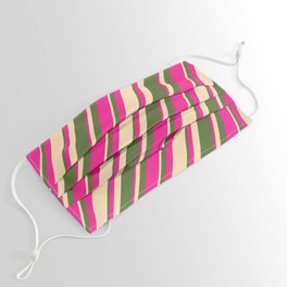 [ Thumbnail: Dark Olive Green, Deep Pink, and Beige Colored Stripes/Lines Pattern Face Mask ]