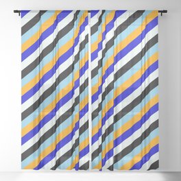 [ Thumbnail: Vibrant Sky Blue, Orange, Blue, Mint Cream & Black Colored Lined/Striped Pattern Sheer Curtain ]