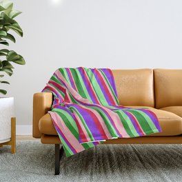 [ Thumbnail: Eye-catching Light Pink, Crimson, Purple, Light Green, and Forest Green Colored Stripes Pattern Throw Blanket ]