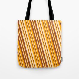 [ Thumbnail: Orange, Beige & Sienna Colored Striped/Lined Pattern Tote Bag ]