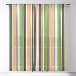 [ Thumbnail: Brown, White, Green, and Black Colored Striped/Lined Pattern Sheer Curtain ]