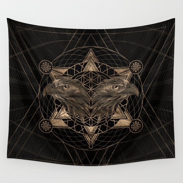 Hawk head in Sacred Geometry Composition - Black and Gold Wall Tapestry