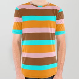 [ Thumbnail: Dark Orange, Pink, Brown & Aqua Colored Lined Pattern All Over Graphic Tee ]