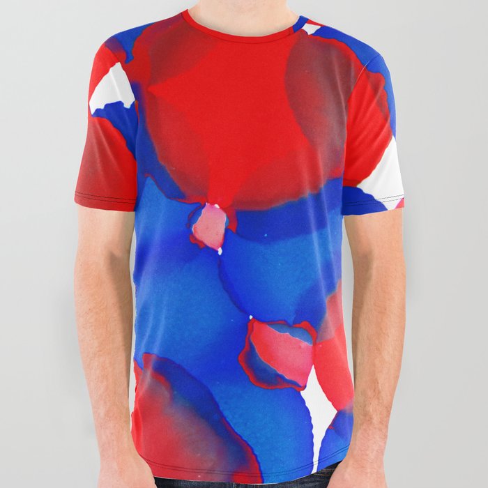 black red and blue graphic tee