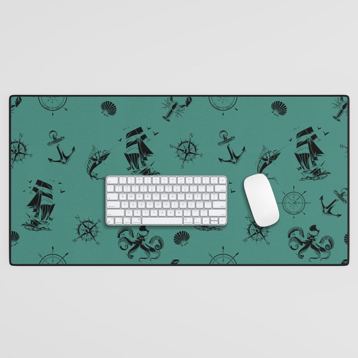 Green Blue And Black Silhouettes Of Vintage Nautical Pattern Desk Mat
