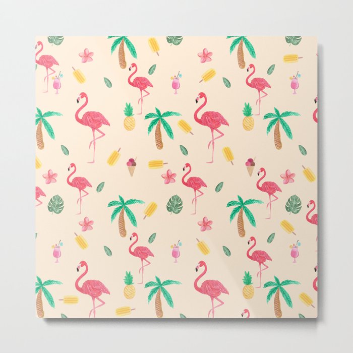 Summer pink watercolor tropical flamingo floral Metal Print