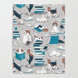 Life is better with books a hot drink and a friend // grey background brown white and blue beagles and cats and turquoise cozy details Poster