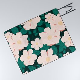 Cosmos Flowers Green and Peachy Picnic Blanket