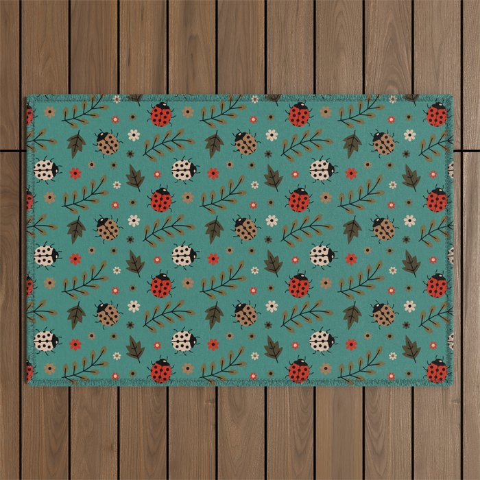 Ladybug and Floral Seamless Pattern on Green Blue Background Outdoor Rug