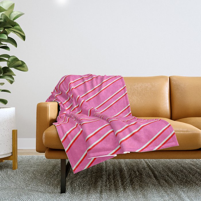 Hot Pink, Mint Cream & Red Colored Lines/Stripes Pattern Throw Blanket