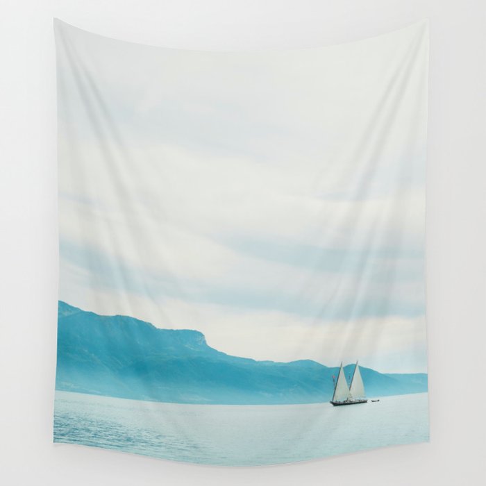 Modern Minimalist Landscape Ocean Pastel Blue Mountains With White Sail Boat Wall Tapestry