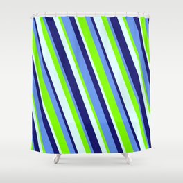 [ Thumbnail: Cornflower Blue, Chartreuse, Light Cyan, and Midnight Blue Colored Lined Pattern Shower Curtain ]