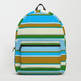 [ Thumbnail: Forest Green, Deep Sky Blue, Beige, Sky Blue, and Dark Goldenrod Colored Striped/Lined Pattern Backpack ]