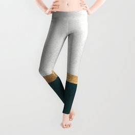 Deep Green, Gold and White Color Block Leggings