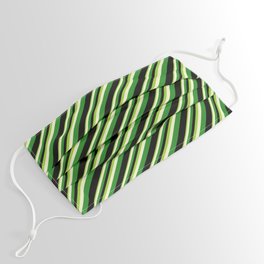 [ Thumbnail: Green, Light Yellow, Forest Green & Black Colored Stripes Pattern Face Mask ]