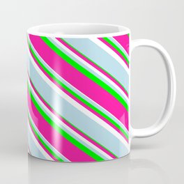 [ Thumbnail: Lime, Deep Pink, White & Light Blue Colored Pattern of Stripes Coffee Mug ]