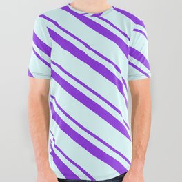 [ Thumbnail: Purple & Light Cyan Colored Lines/Stripes Pattern All Over Graphic Tee ]