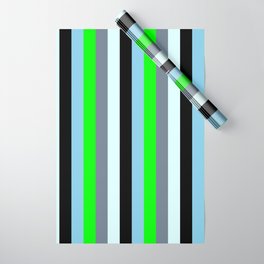 [ Thumbnail: Eye-catching Slate Gray, Lime, Sky Blue, Black & Light Cyan Colored Striped Pattern Wrapping Paper ]