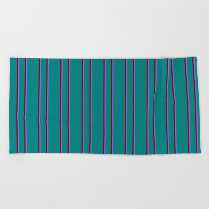 Teal, Maroon & Medium Slate Blue Colored Lined/Striped Pattern Beach Towel