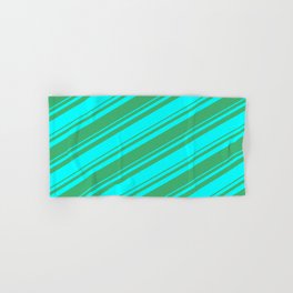 [ Thumbnail: Sea Green and Aqua Colored Lined Pattern Hand & Bath Towel ]