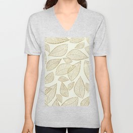 Abstract ivory gold glitter foliage leaf pattern V Neck T Shirt