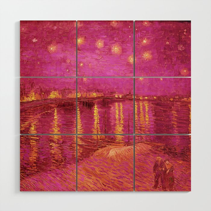 Starry Night Over the Rhone landscape painting by Vincent van Gogh in alternate pink with yellow stars Wood Wall Art