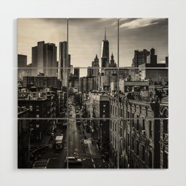 New York City skyline and Chinatown neighborhood in Manhattan black and white Wood Wall Art