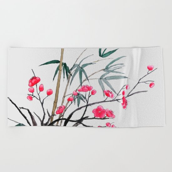 bamboo and red plum flowers Beach Towel