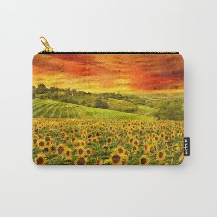 Tuscany Sunflowers and Sunflower Fields and Vineyards Italian Red Sunset landscape painting Carry-All Pouch