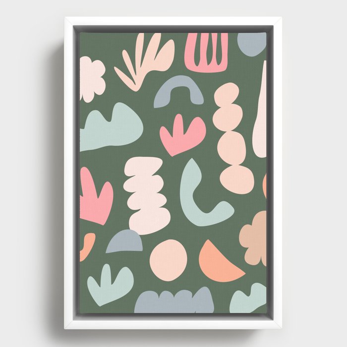 Whimsical Abstract Shapes in Green Framed Canvas