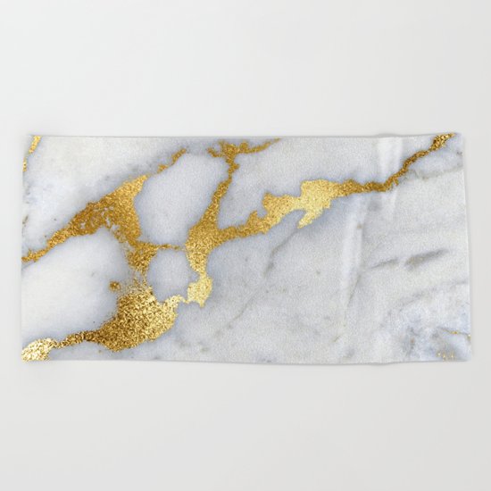 White and Grey Marble and Gold Metal foil Glitter Effect Beach Towel