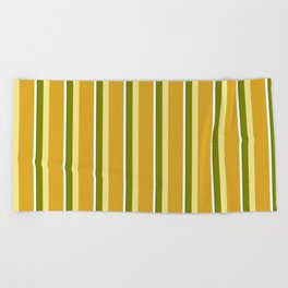 [ Thumbnail: Eye-catching Green, Tan, Goldenrod, White, and Dark Green Colored Lined/Striped Pattern Beach Towel ]