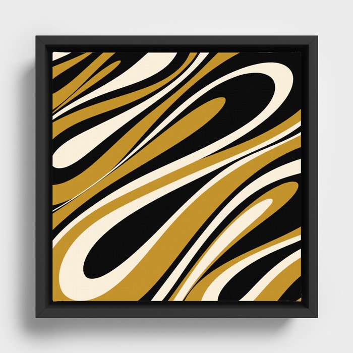 Fluid Vibes Retro Aesthetic Swirl Abstract Pattern in Black, Dark Mustard Gold, and Cream Framed Canvas