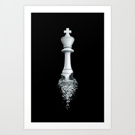 Farewell to the Pale King / 3D render of chess king breaking apart Art Print