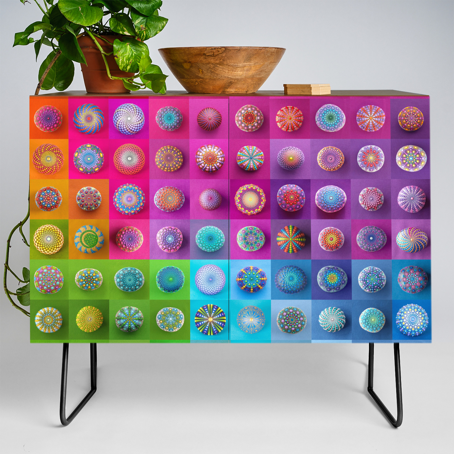 Colourful Collection Of Hand Painted Mandala Stones Credenza By