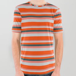 [ Thumbnail: Dark Slate Gray, Salmon, Light Grey & Red Colored Pattern of Stripes All Over Graphic Tee ]