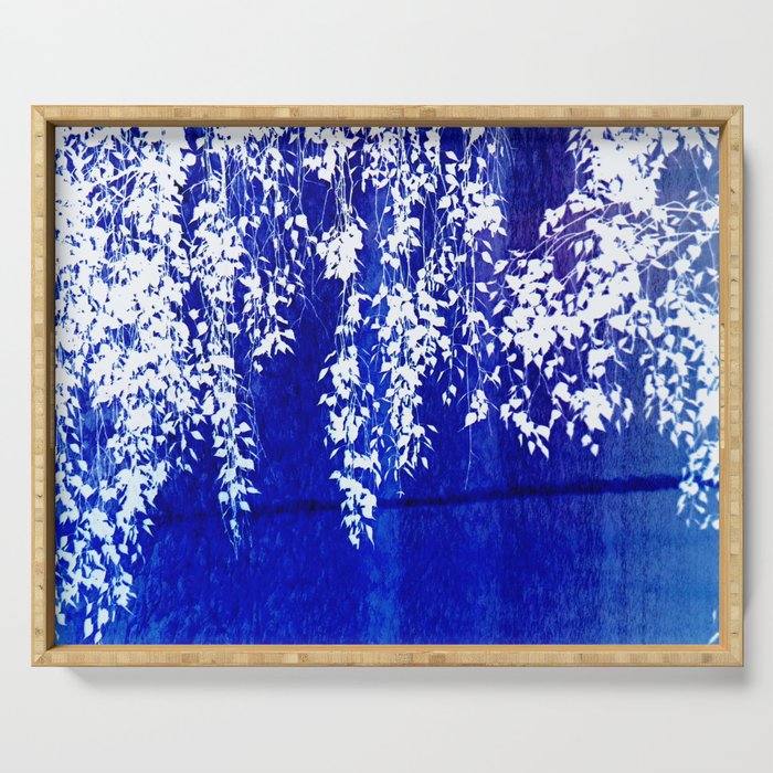 bright blue weeping willow tree cyanotype Serving Tray