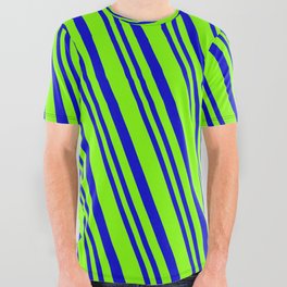 [ Thumbnail: Chartreuse & Blue Colored Lined Pattern All Over Graphic Tee ]