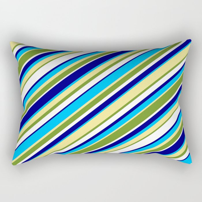 Colorful Blue, Deep Sky Blue, Tan, Green & White Colored Lined Pattern Rectangular Pillow