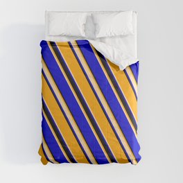 [ Thumbnail: Orange, Tan, Blue, and Black Colored Striped Pattern Comforter ]