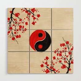 Yin Yang and Sakura Red Blossom Wood Wall Art