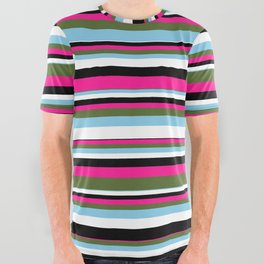 [ Thumbnail: Vibrant Deep Pink, Dark Olive Green, Sky Blue, White, and Black Colored Lined/Striped Pattern All Over Graphic Tee ]
