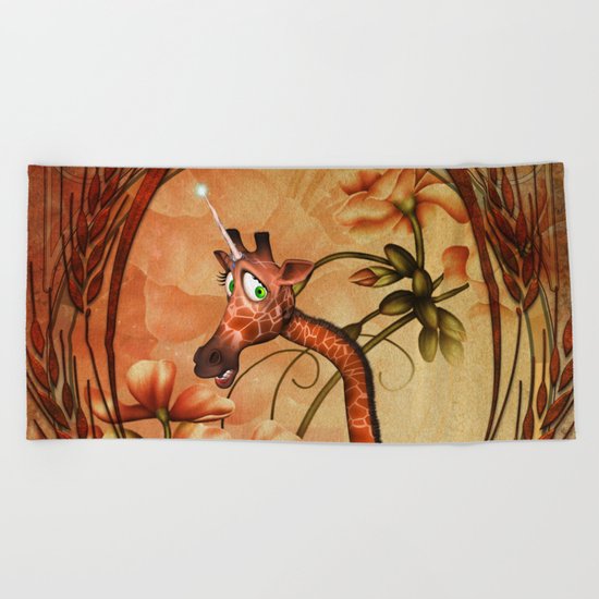 Funny, cute unicorn giraffe Beach Towel