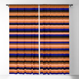 [ Thumbnail: Eyecatching Light Salmon, Chocolate, Blue, Black & Brown Colored Stripes/Lines Pattern Blackout Curtain ]