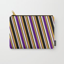 [ Thumbnail: Goldenrod, Indigo, Beige & Black Colored Pattern of Stripes Carry-All Pouch ]